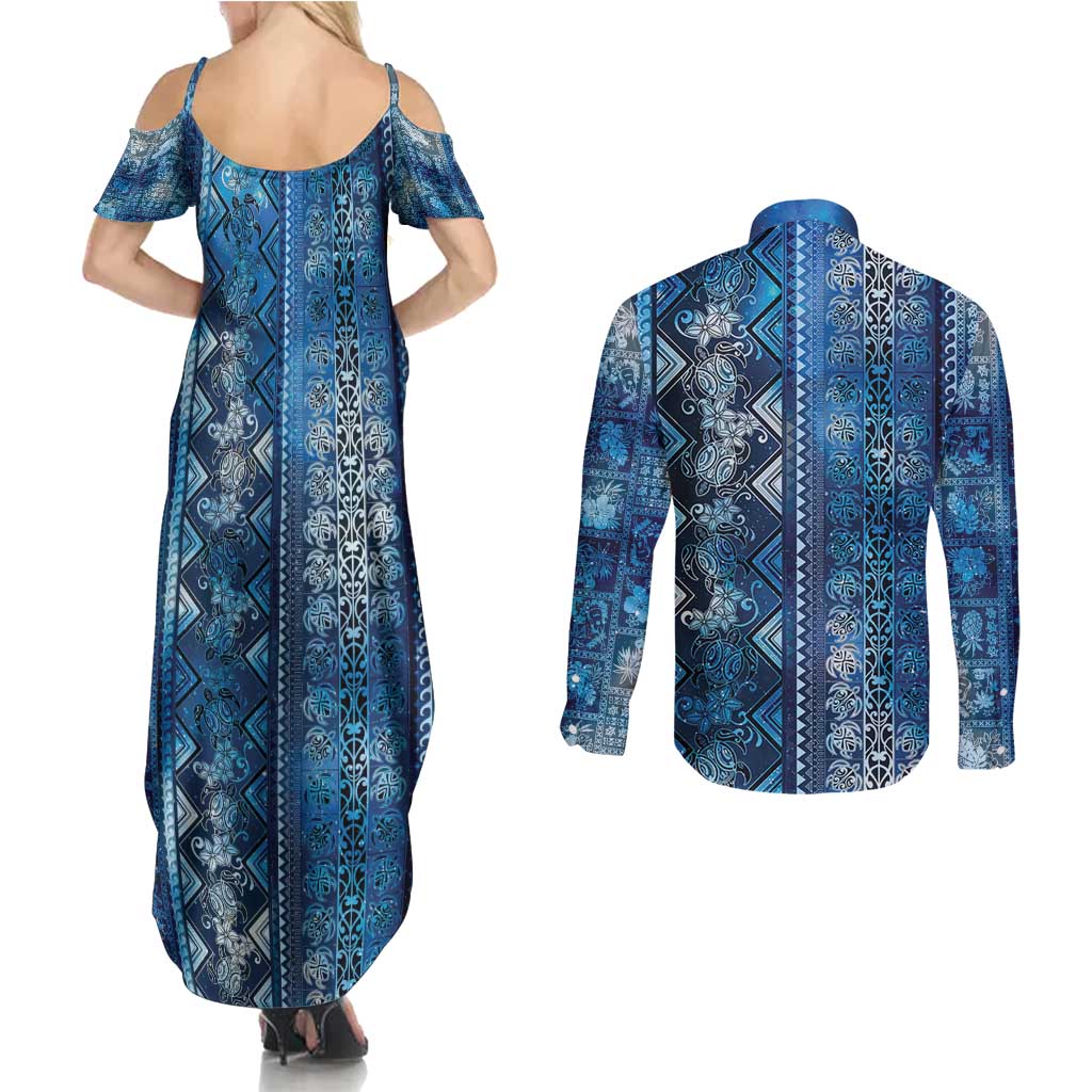 Hawaii Makahiki Turtle Couples Matching Summer Maxi Dress and Long Sleeve Button Shirt Galaxy Tapa Pattern - Polynesian Pride