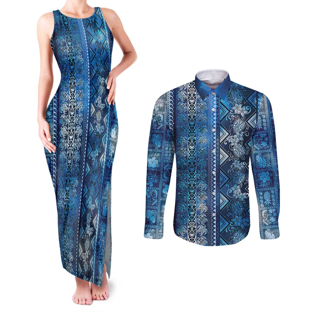 Hawaii Makahiki Turtle Couples Matching Tank Maxi Dress and Long Sleeve Button Shirt Galaxy Tapa Pattern - Polynesian Pride