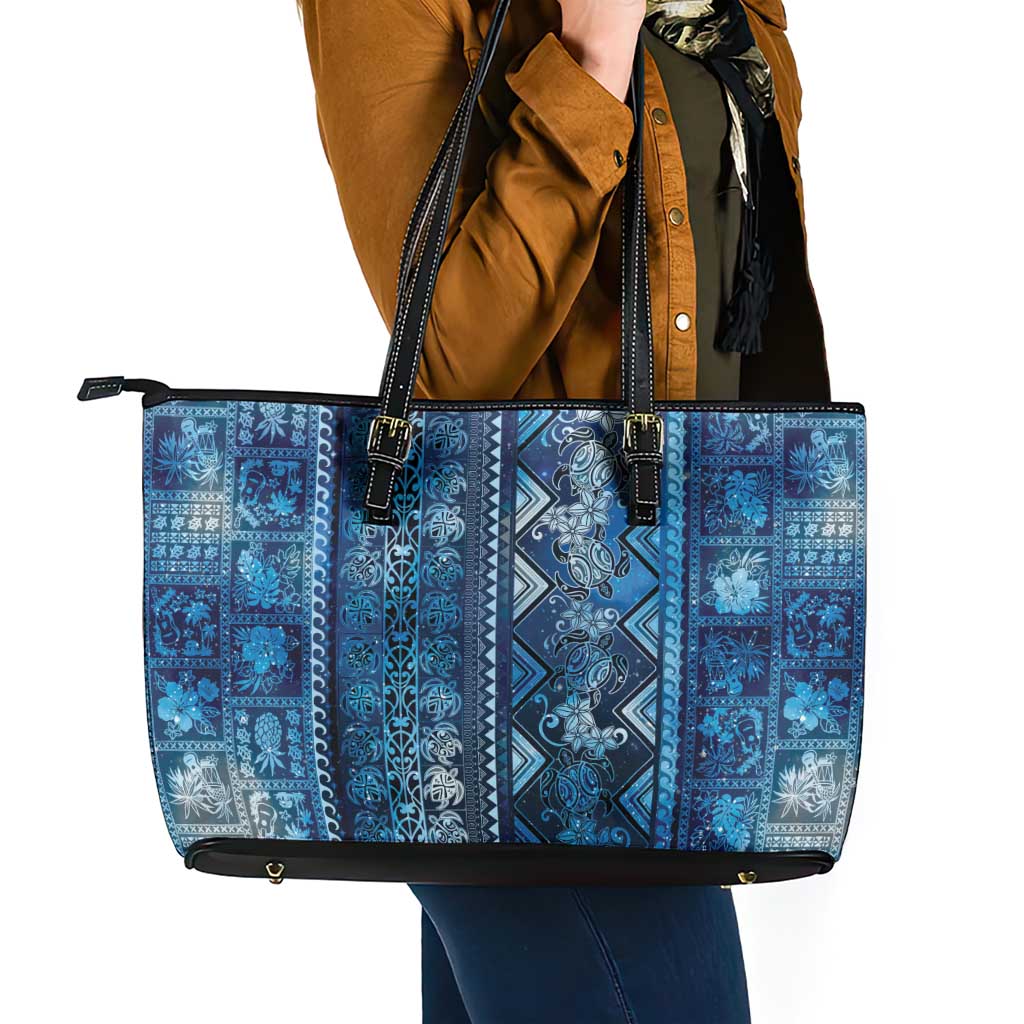 Hawaii Makahiki Turtle Leather Tote Bag Galaxy Tapa Pattern - Polynesian Pride
