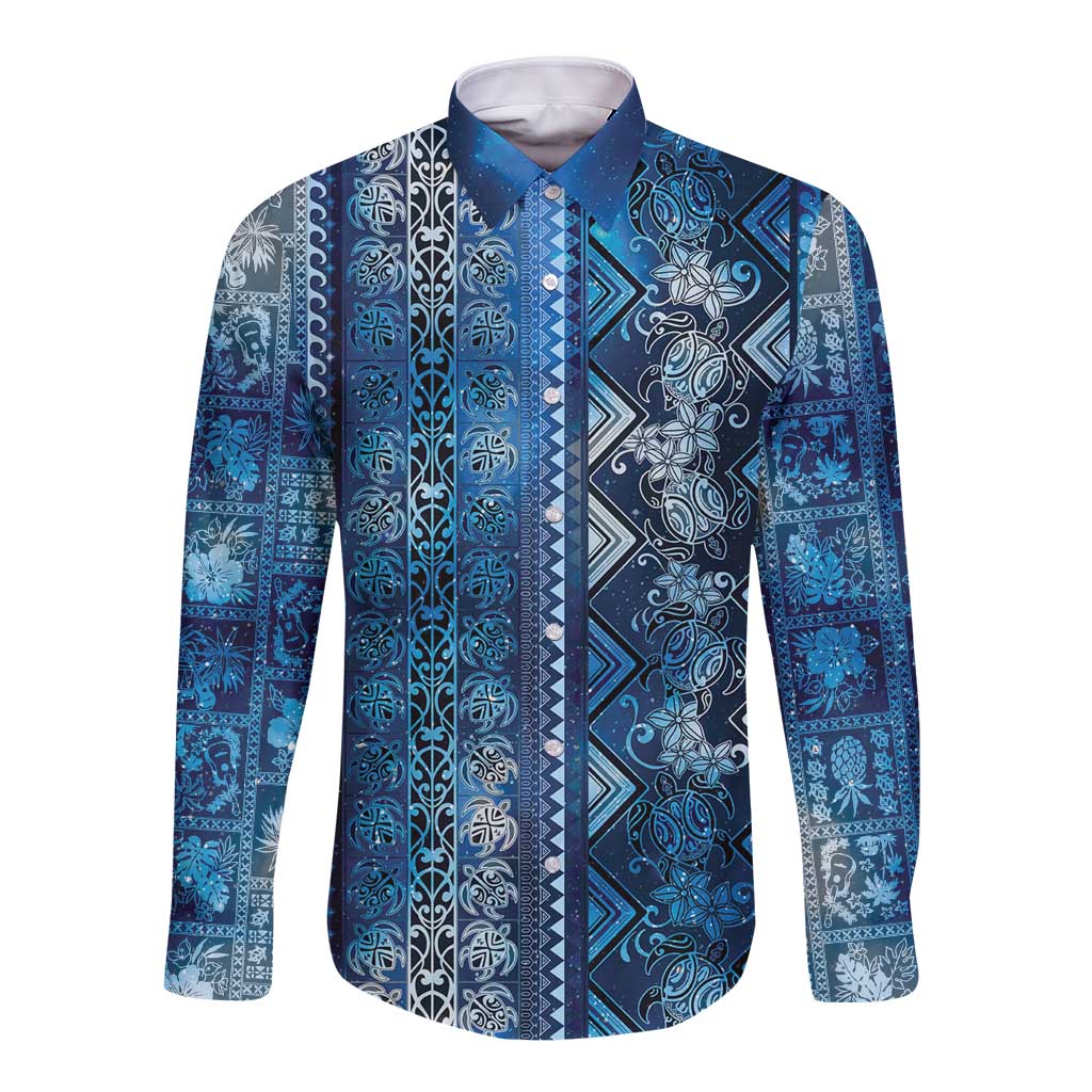 Hawaii Makahiki Turtle Long Sleeve Button Shirt Galaxy Tapa Pattern - Polynesian Pride