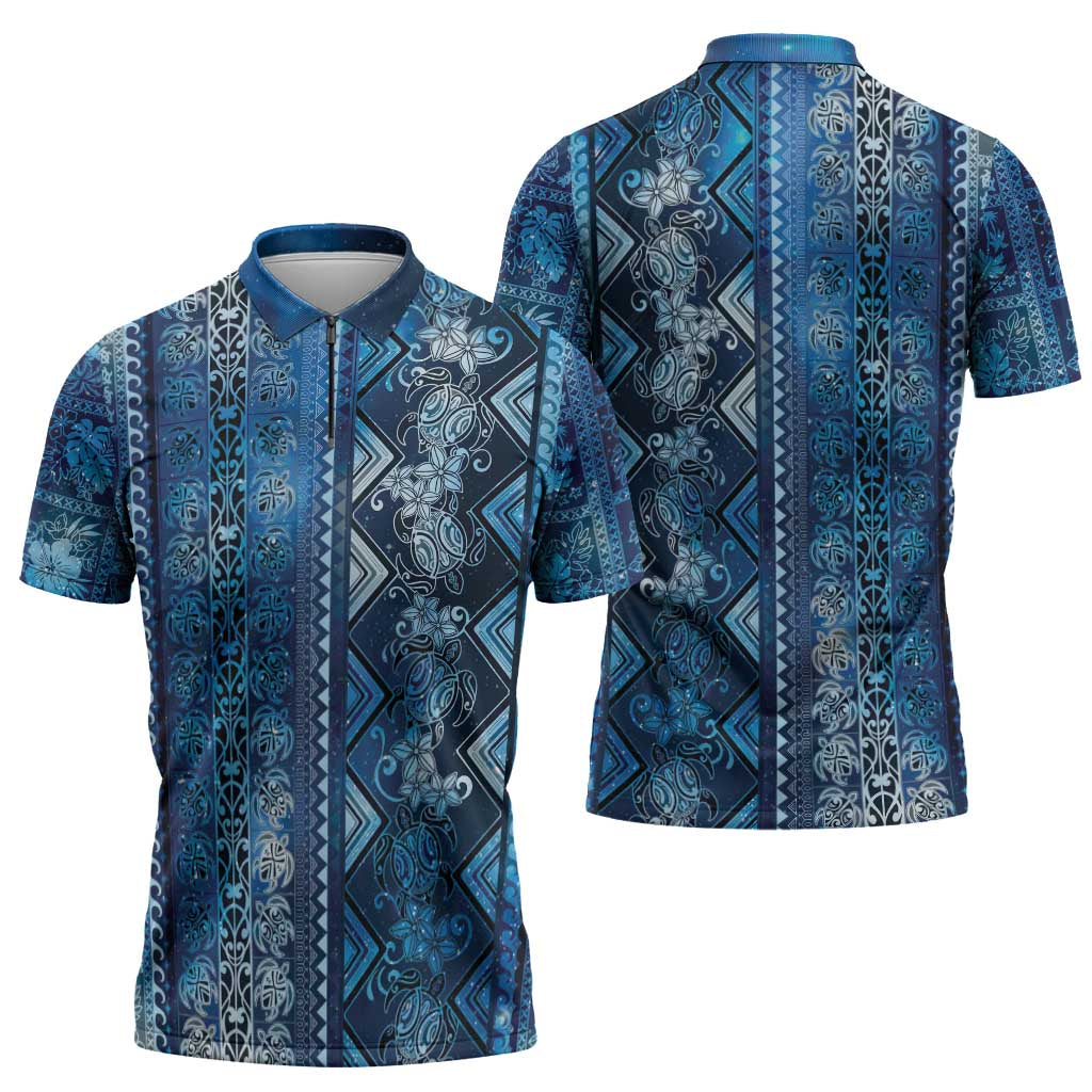 Hawaii Makahiki Turtle Zipper Polo Shirt Galaxy Tapa Pattern - Polynesian Pride