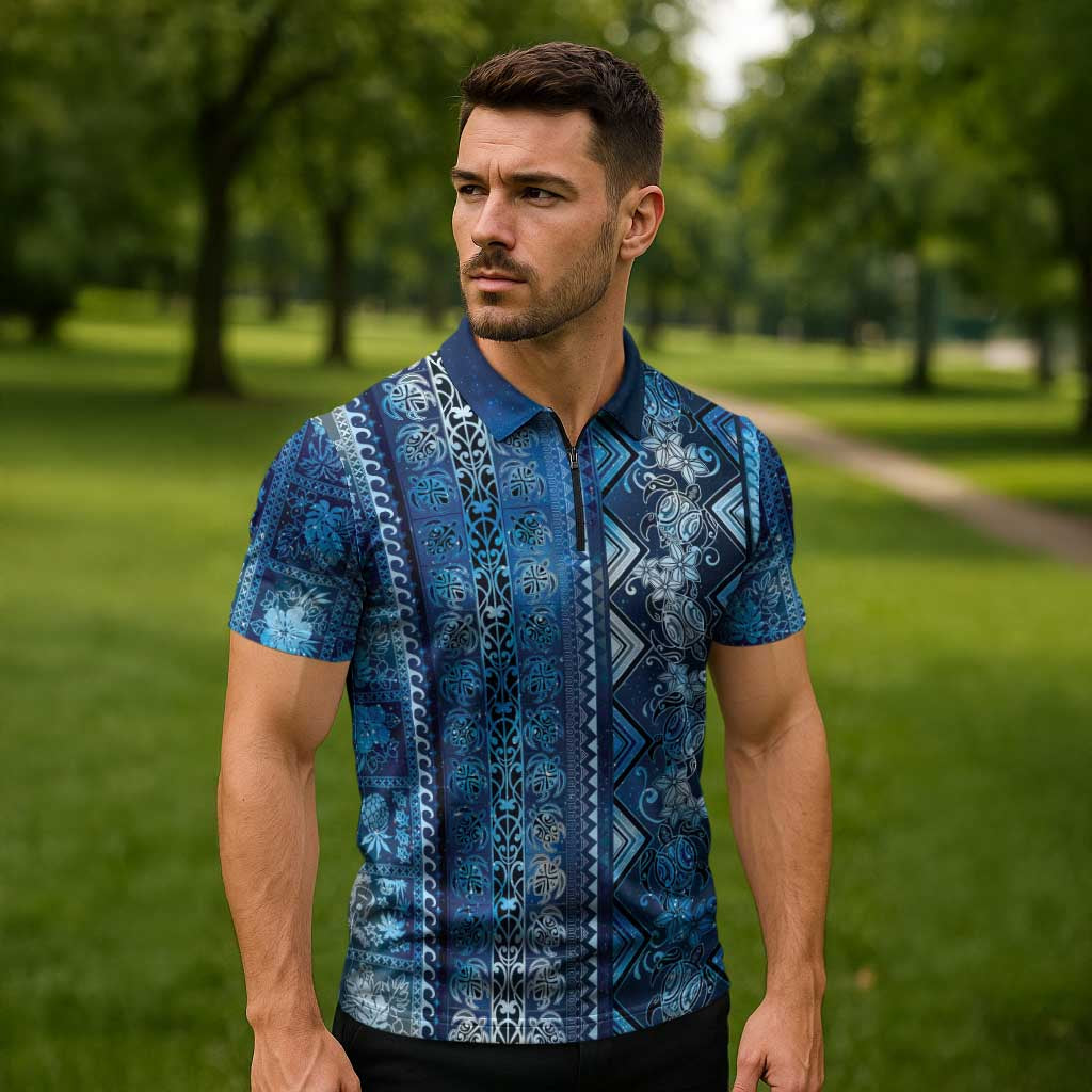 Hawaii Makahiki Turtle Zipper Polo Shirt Galaxy Tapa Pattern - Polynesian Pride