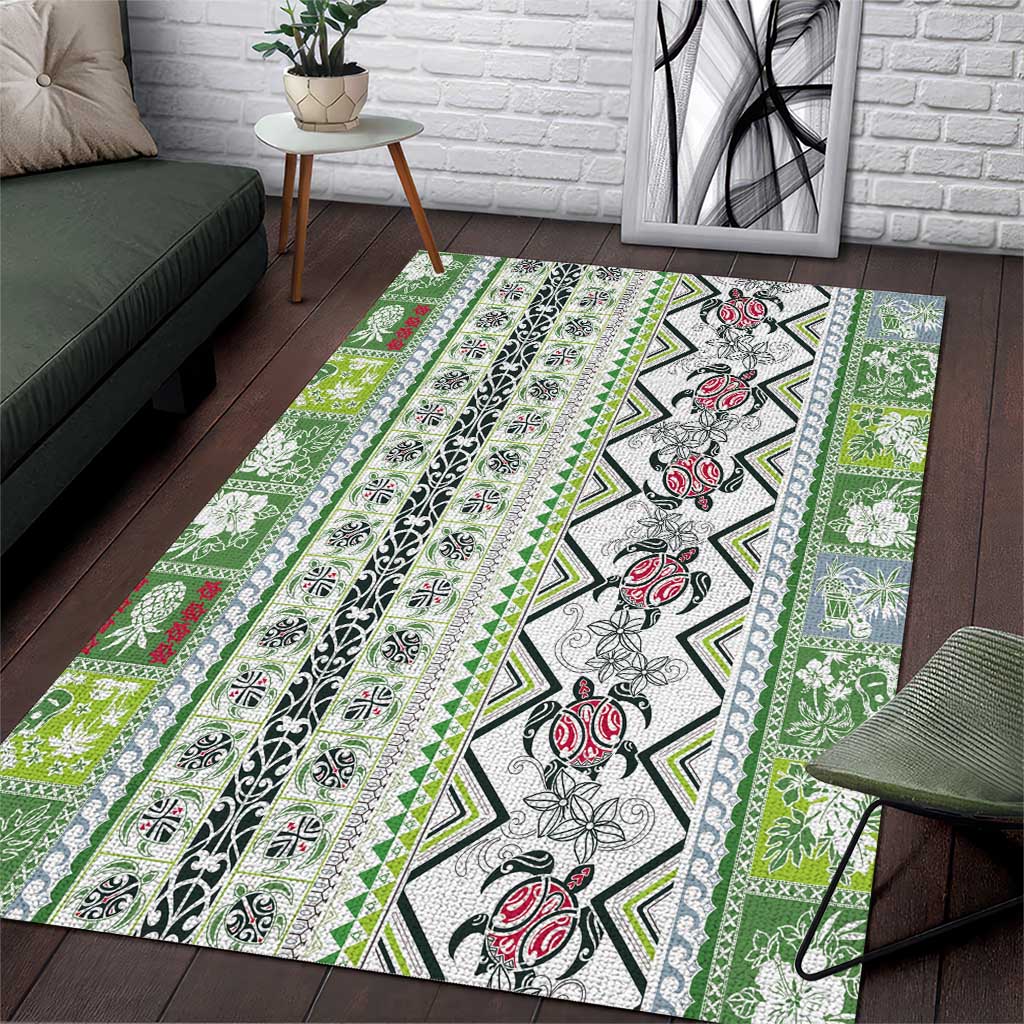 Hawaii Makahiki Turtle Area Rug Green Tapa Pattern - Polynesian Pride