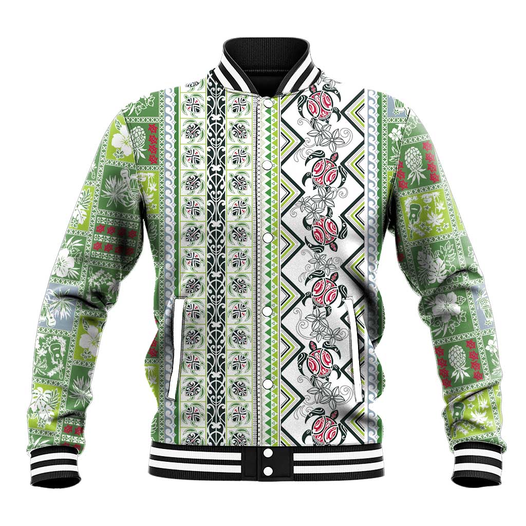 Hawaii Makahiki Turtle Baseball Jacket Green Tapa Pattern - Polynesian Pride