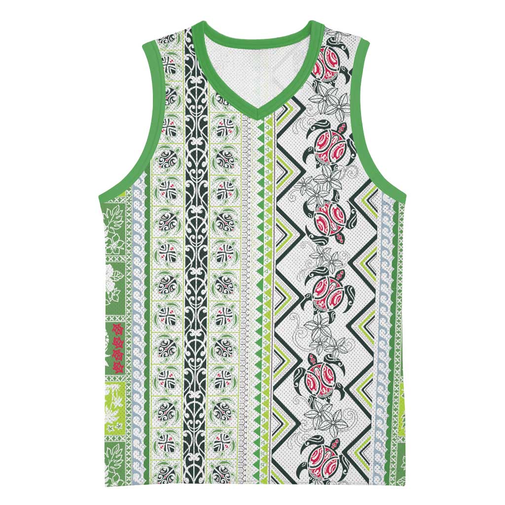 Hawaii Makahiki Turtle Basketball Jersey Green Tapa Pattern - Polynesian Pride