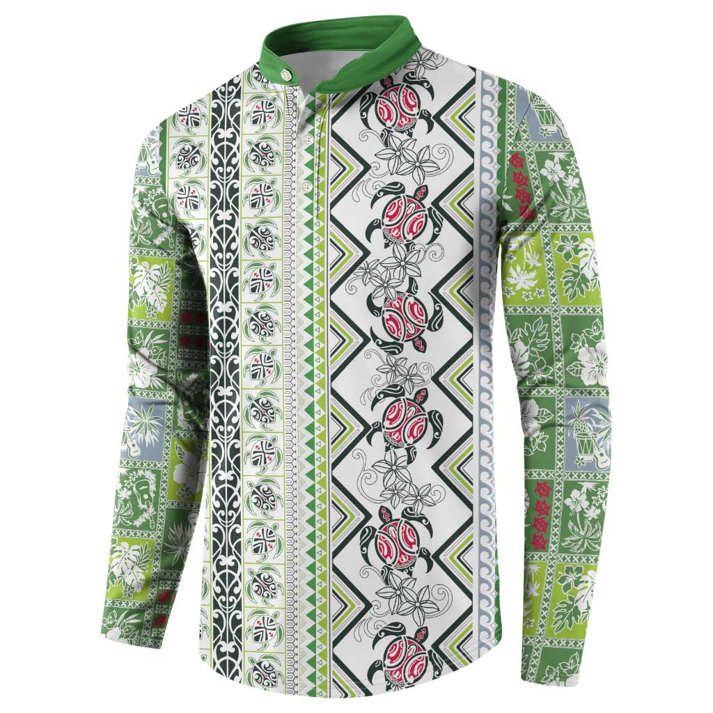 Hawaii Makahiki Turtle Button Sweatshirt Green Tapa Pattern - Polynesian Pride