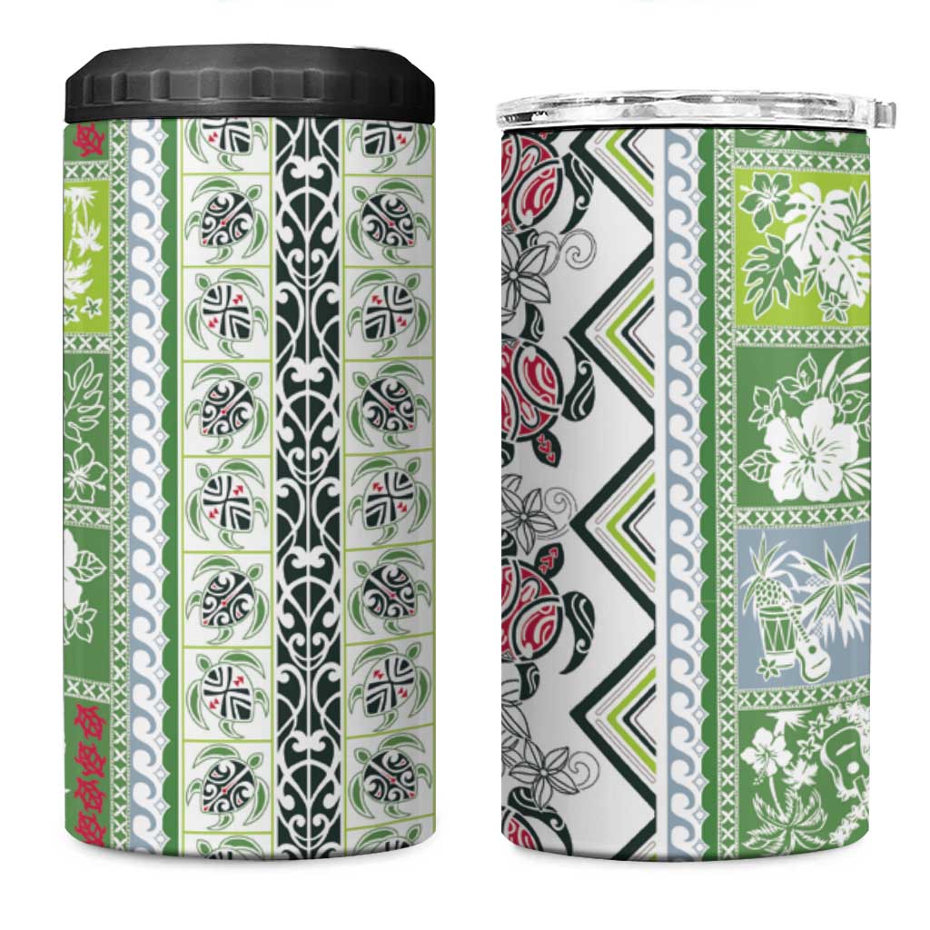 Hawaii Makahiki Turtle 4 in 1 Can Cooler Tumbler Green Tapa Pattern - Polynesian Pride