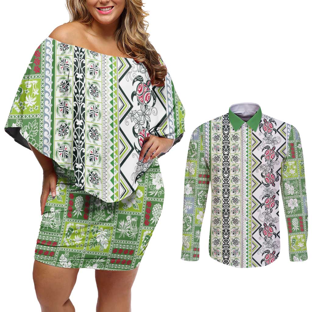 Hawaii Makahiki Turtle Couples Matching Off Shoulder Short Dress and Long Sleeve Button Shirt Green Tapa Pattern LT05 Green - Polynesian Pride