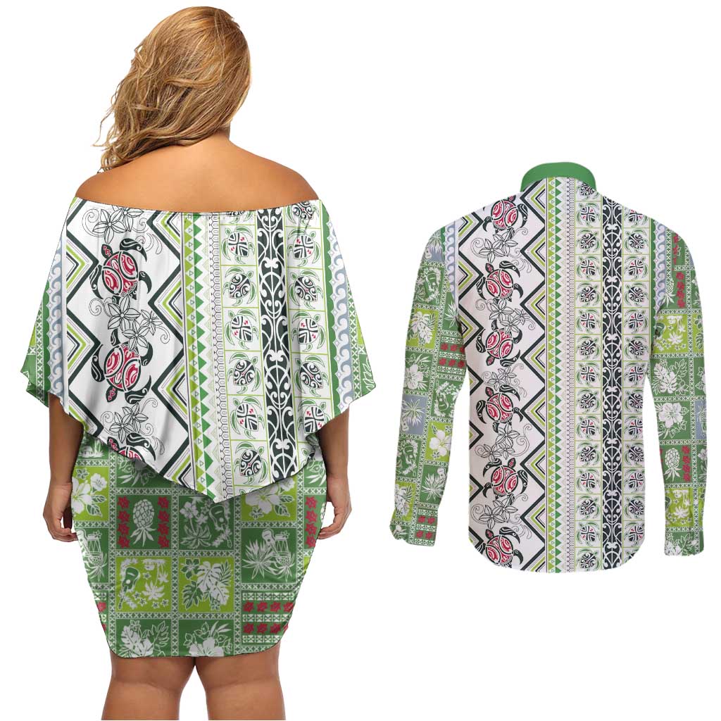 Hawaii Makahiki Turtle Couples Matching Off Shoulder Short Dress and Long Sleeve Button Shirt Green Tapa Pattern LT05 - Polynesian Pride
