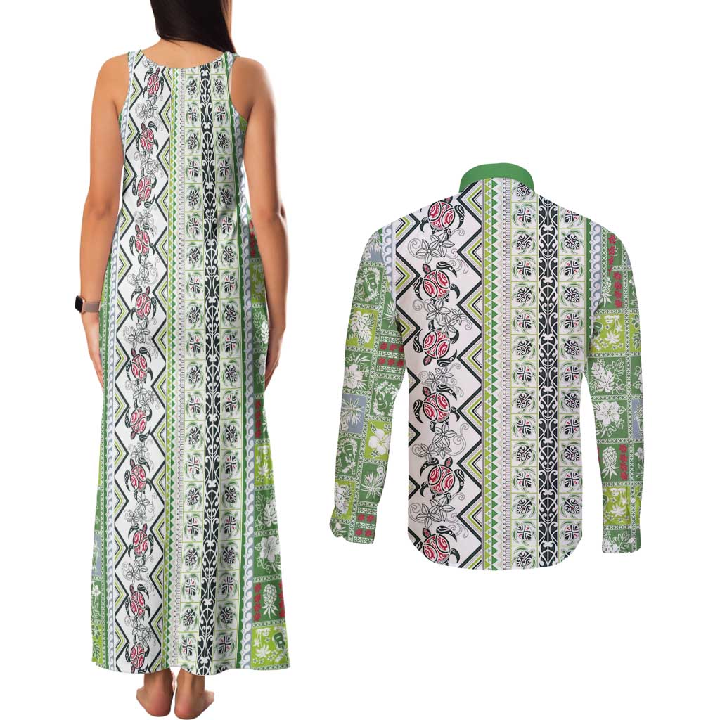 Hawaii Makahiki Turtle Couples Matching Tank Maxi Dress and Long Sleeve Button Shirt Green Tapa Pattern LT05 - Polynesian Pride