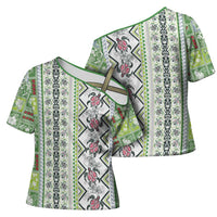 Hawaii Makahiki Turtle Cross Shoulder Shirt Green Tapa Pattern - Polynesian Pride