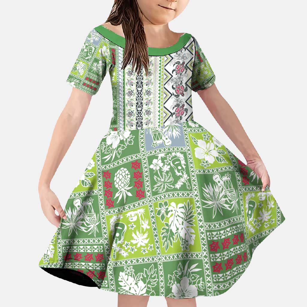 Hawaii Makahiki Turtle Family Matching Long Sleeve Bodycon Dress and Hawaiian Shirt Green Tapa Pattern - Polynesian Pride