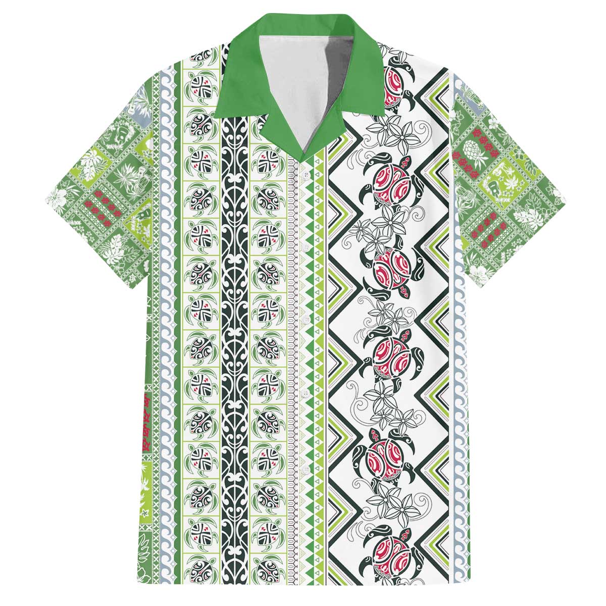 Hawaii Makahiki Turtle Family Matching Off The Shoulder Long Sleeve Dress and Hawaiian Shirt Green Tapa Pattern - Polynesian Pride