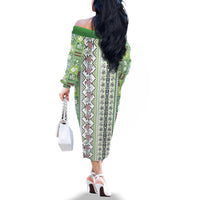 Hawaii Makahiki Turtle Family Matching Off The Shoulder Long Sleeve Dress and Hawaiian Shirt Green Tapa Pattern - Polynesian Pride