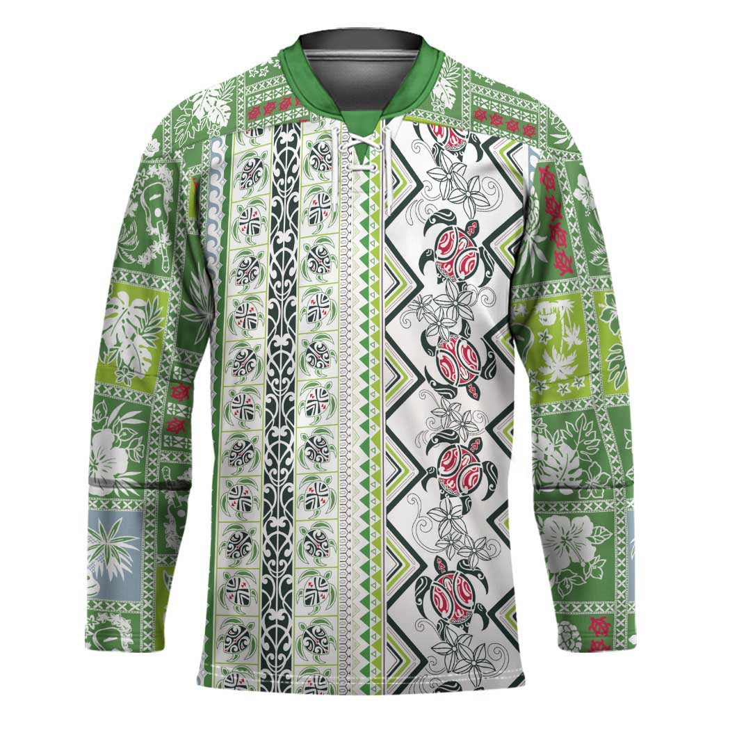 Hawaii Makahiki Turtle Hockey Jersey Green Tapa Pattern - Polynesian Pride