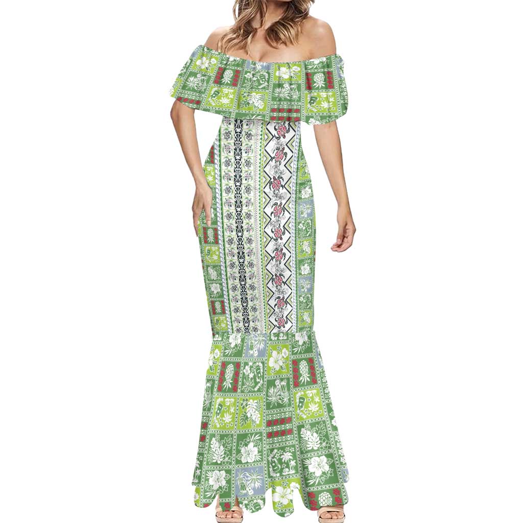 Hawaii Makahiki Turtle Mermaid Dress Green Tapa Pattern - Polynesian Pride
