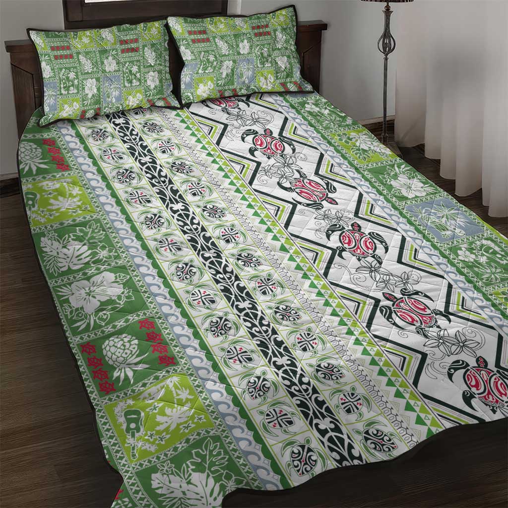 Hawaii Makahiki Turtle Quilt Bed Set Green Tapa Pattern - Polynesian Pride