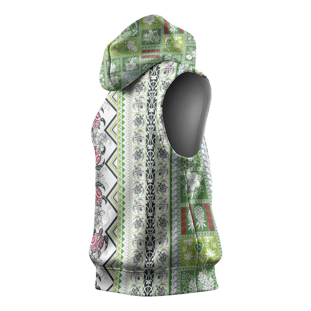 Hawaii Makahiki Turtle Sleeveless Hoodie Green Tapa Pattern - Polynesian Pride