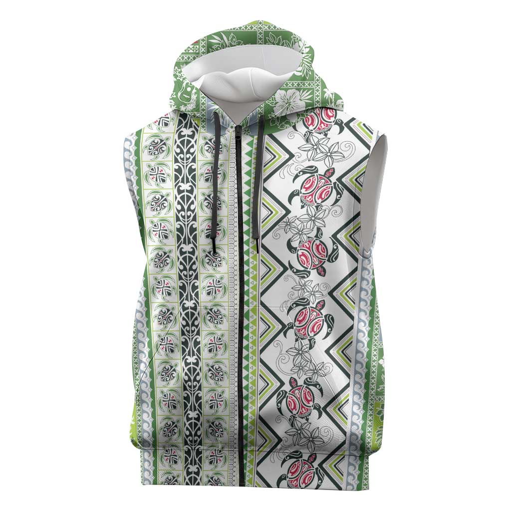 Hawaii Makahiki Turtle Sleeveless Zip Hoodie Green Tapa Pattern - Polynesian Pride