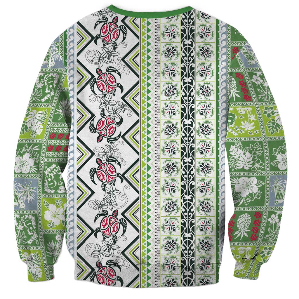 Hawaii Makahiki Turtle Sweatshirt Green Tapa Pattern - Polynesian Pride