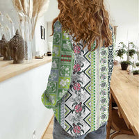 Hawaii Makahiki Turtle Women Casual Shirt Green Tapa Pattern - Polynesian Pride