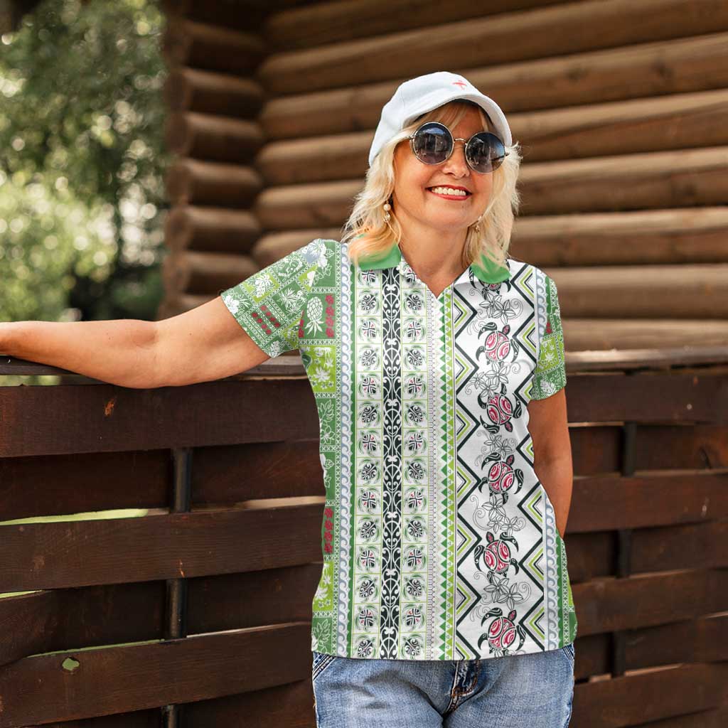 Hawaii Makahiki Turtle Women Polo Shirt Green Tapa Pattern - Polynesian Pride