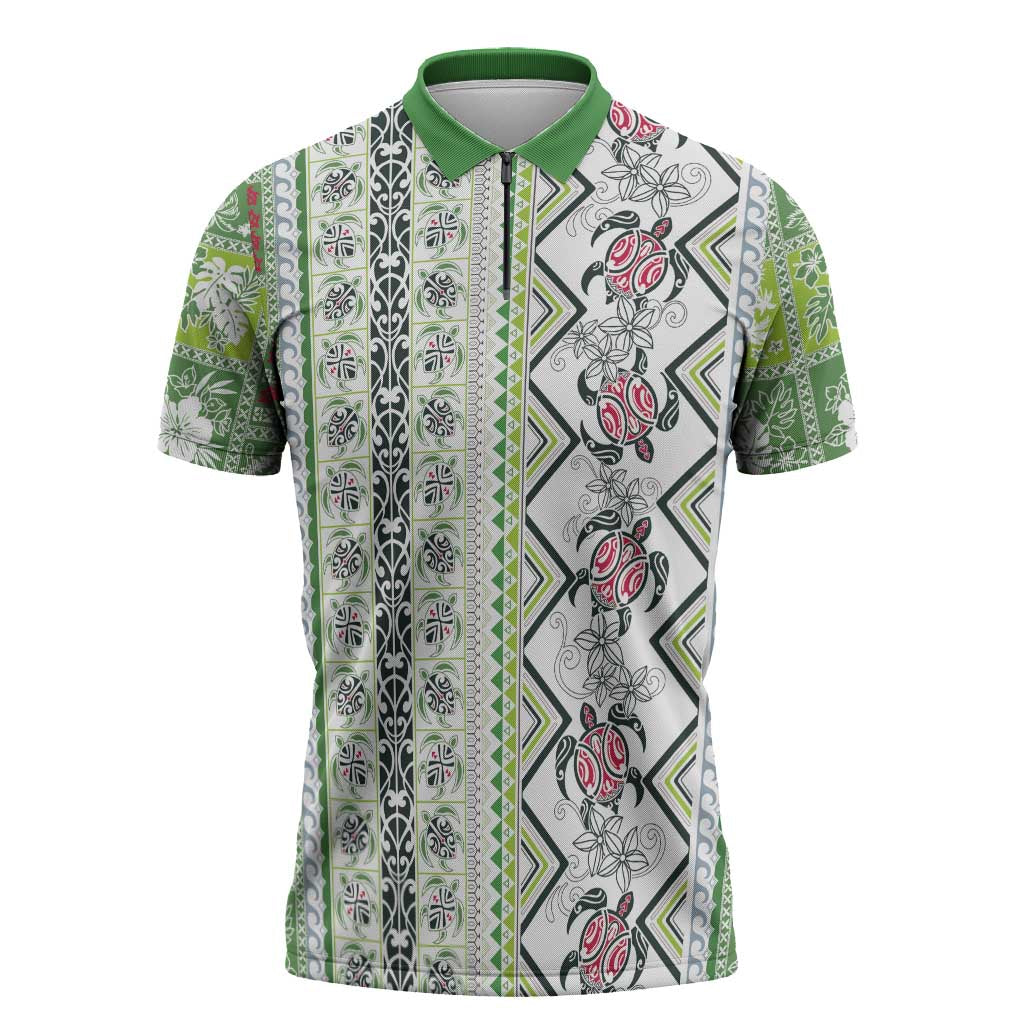 Hawaii Makahiki Turtle Zipper Polo Shirt Green Tapa Pattern - Polynesian Pride