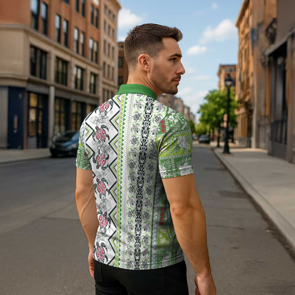 Hawaii Makahiki Turtle Zipper Polo Shirt Green Tapa Pattern - Polynesian Pride