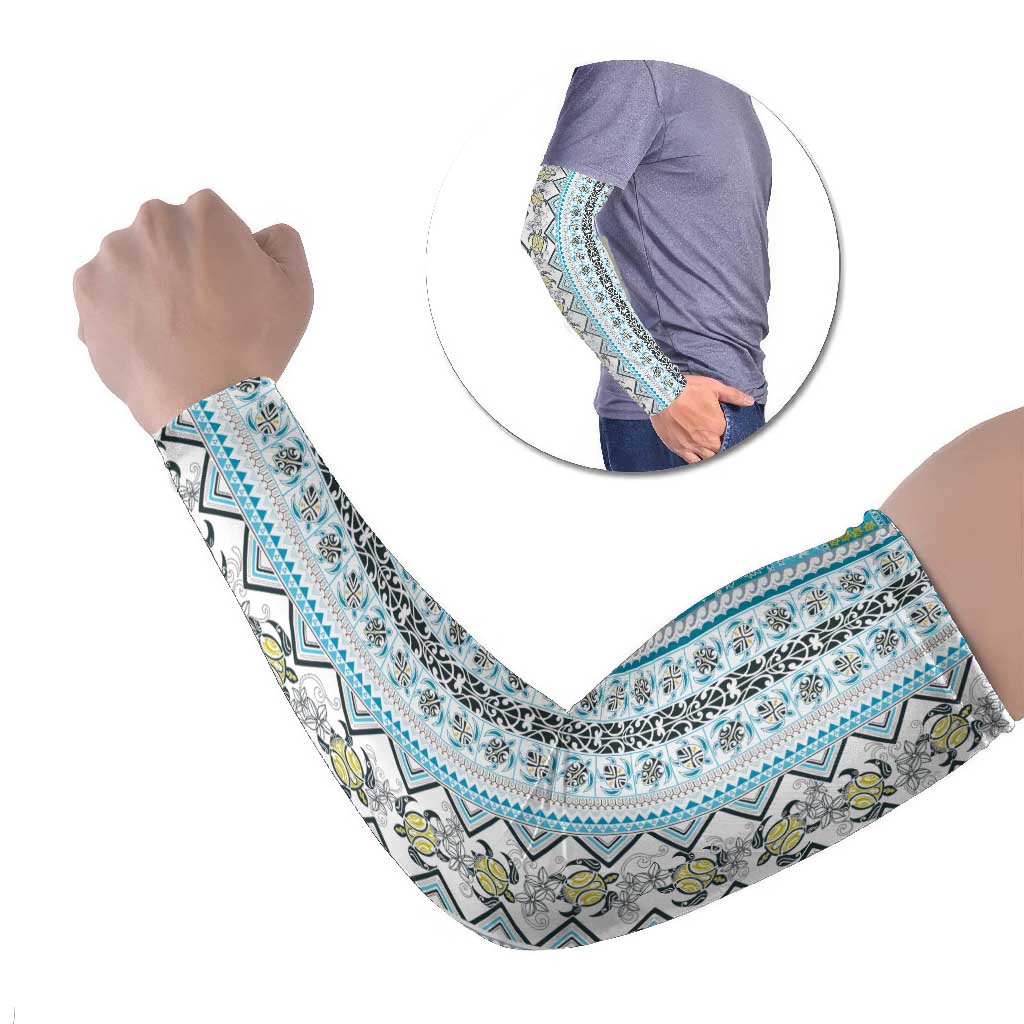 Hawaii Makahiki Turtle Arm Sleeves Blue Tapa Pattern - Polynesian Pride