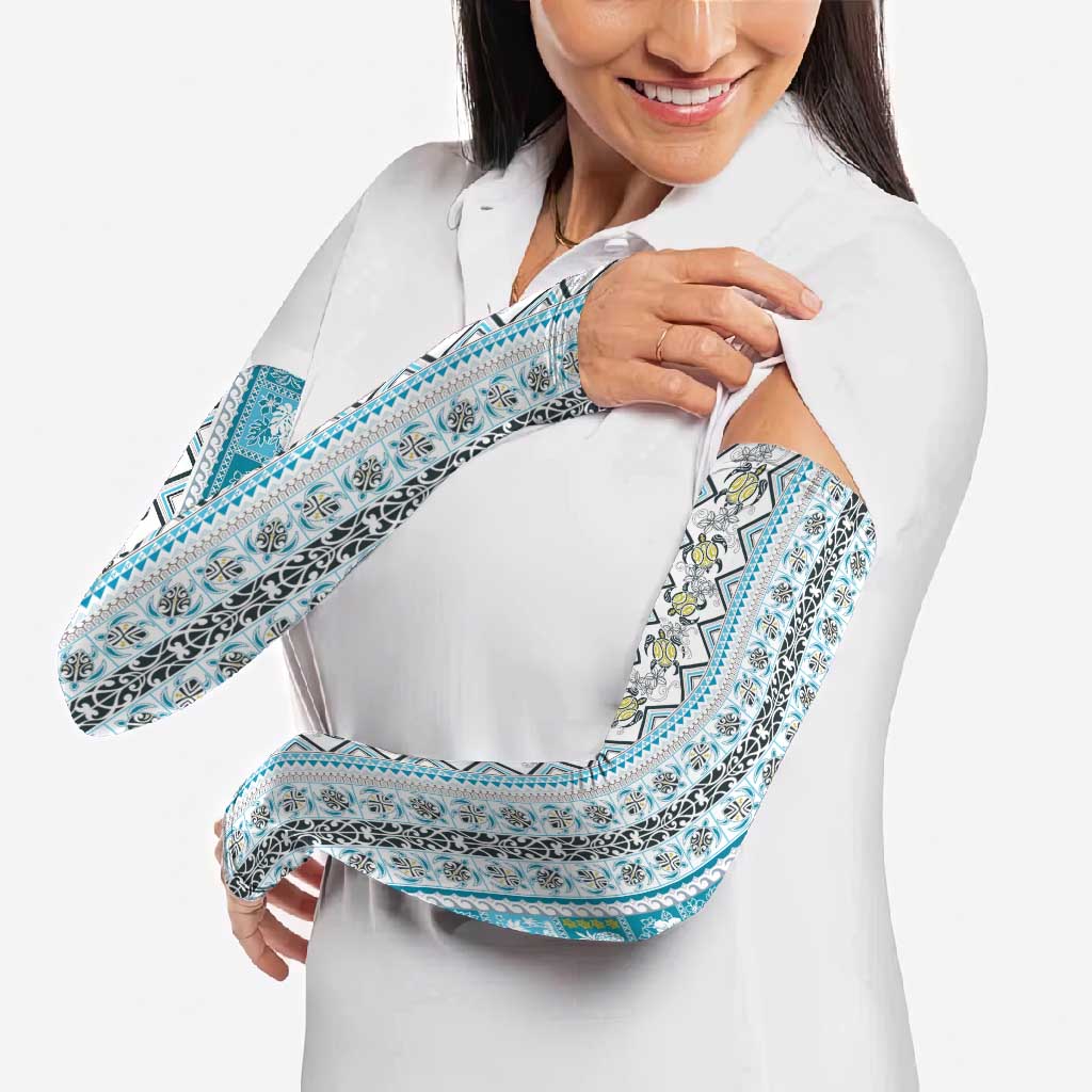 Hawaii Makahiki Turtle Arm Sleeves Blue Tapa Pattern - Polynesian Pride