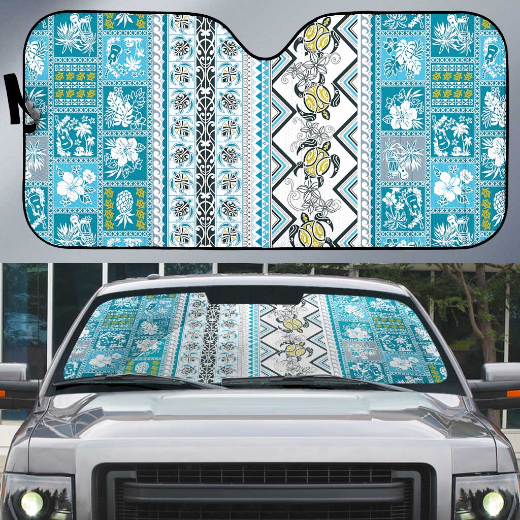 Hawaii Makahiki Turtle Auto Sun Shade Blue Tapa Pattern - Polynesian Pride