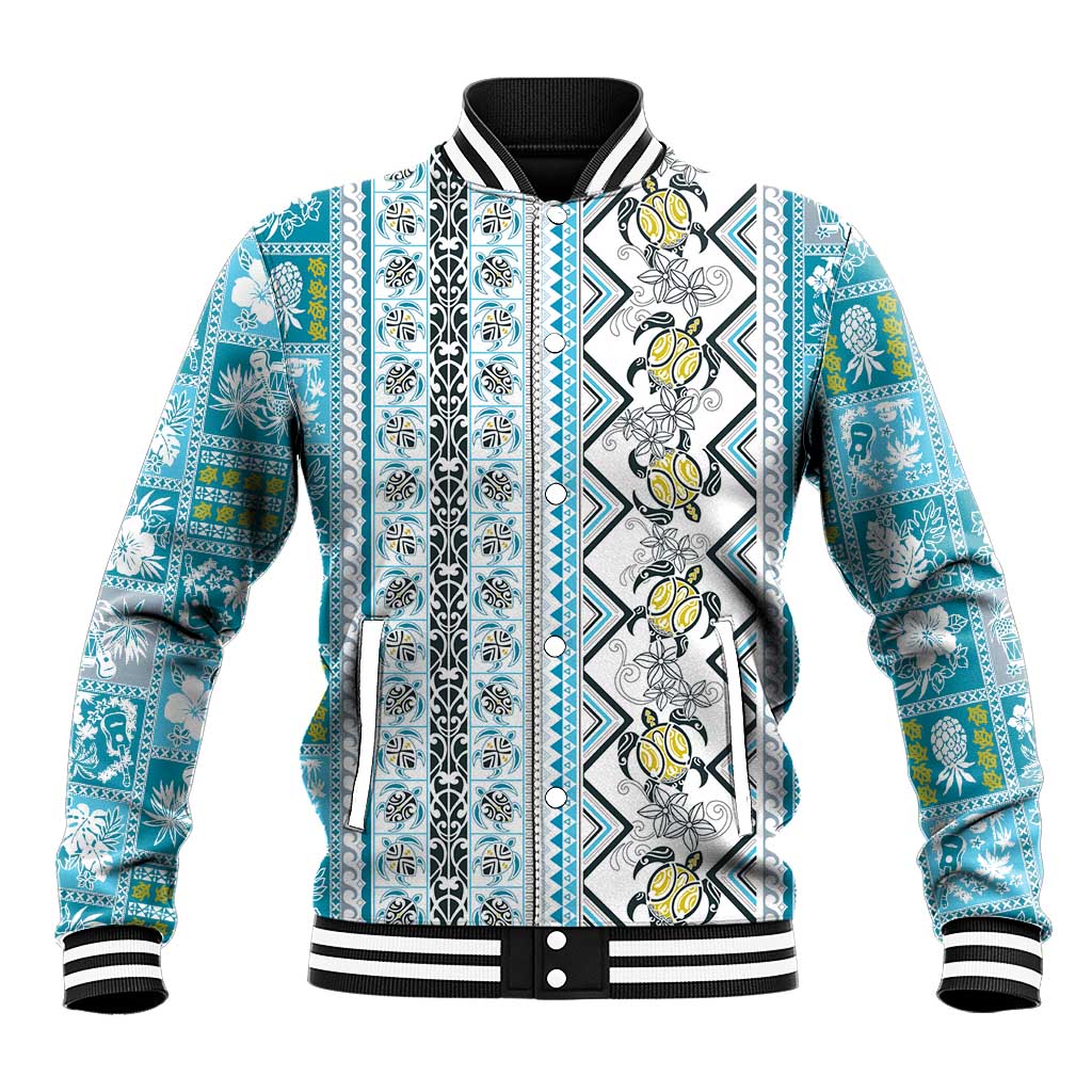 Hawaii Makahiki Turtle Baseball Jacket Blue Tapa Pattern - Polynesian Pride