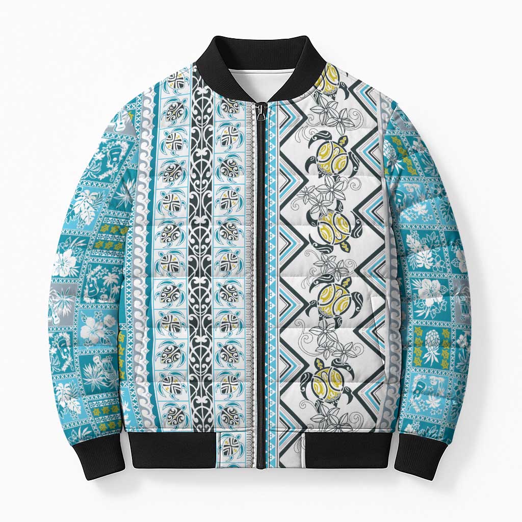 Hawaii Makahiki Turtle Bomber Puffer Jacket Blue Tapa Pattern - Polynesian Pride