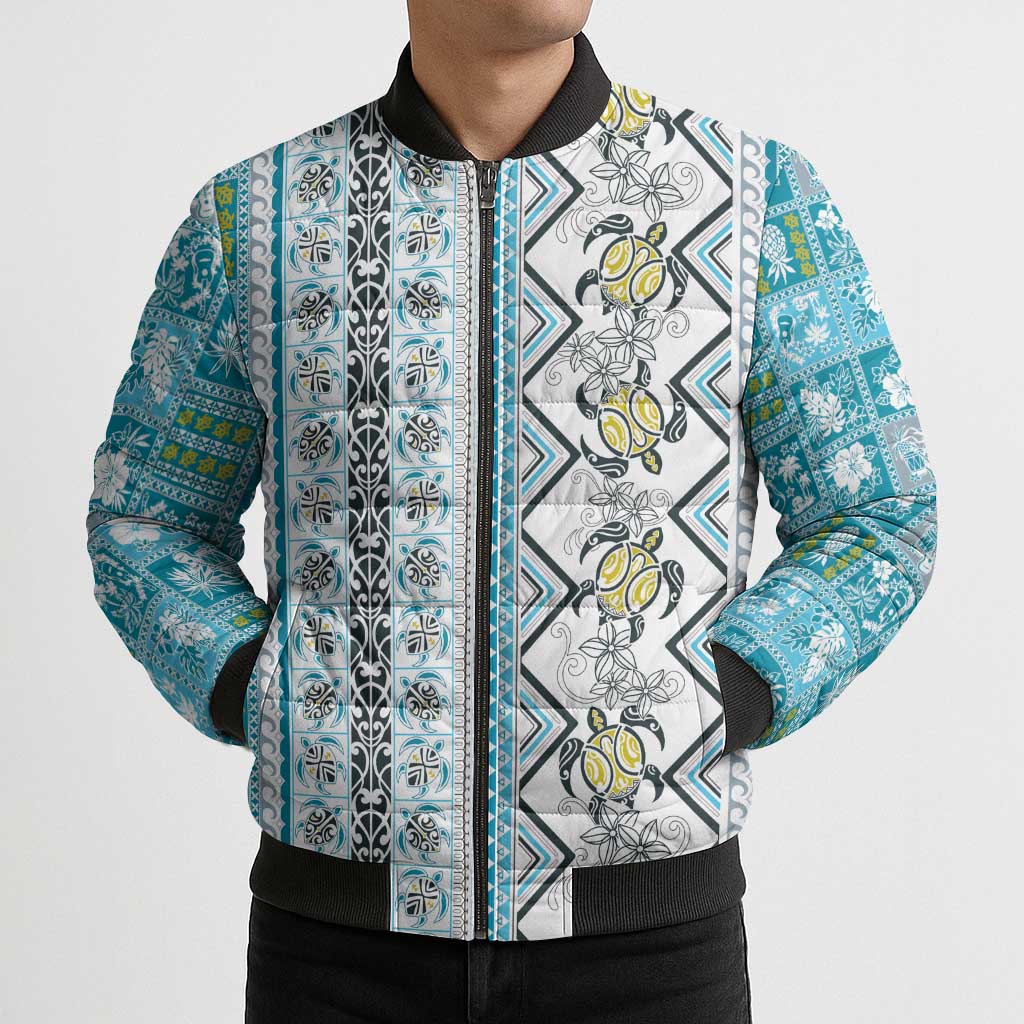 Hawaii Makahiki Turtle Bomber Puffer Jacket Blue Tapa Pattern - Polynesian Pride