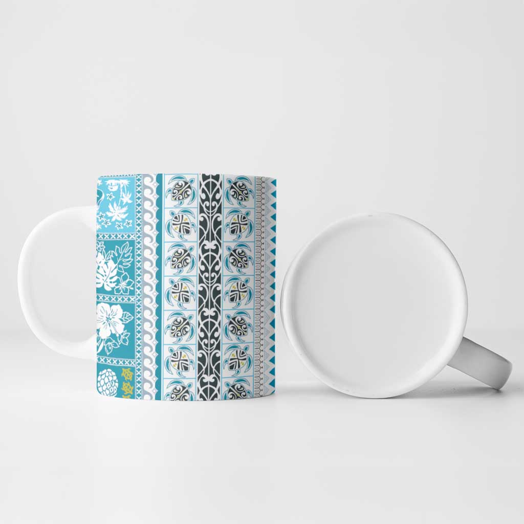 Hawaii Makahiki Turtle Ceramic Mug Blue Tapa Pattern - Polynesian Pride