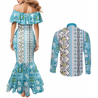 Hawaii Makahiki Turtle Couples Matching Mermaid Dress and Long Sleeve Button Shirt Blue Tapa Pattern - Polynesian Pride