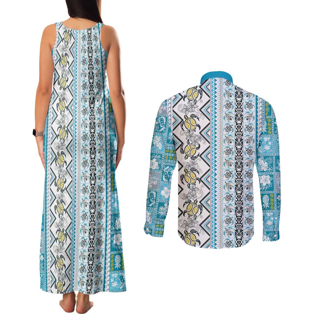 Hawaii Makahiki Turtle Couples Matching Tank Maxi Dress and Long Sleeve Button Shirt Blue Tapa Pattern - Polynesian Pride