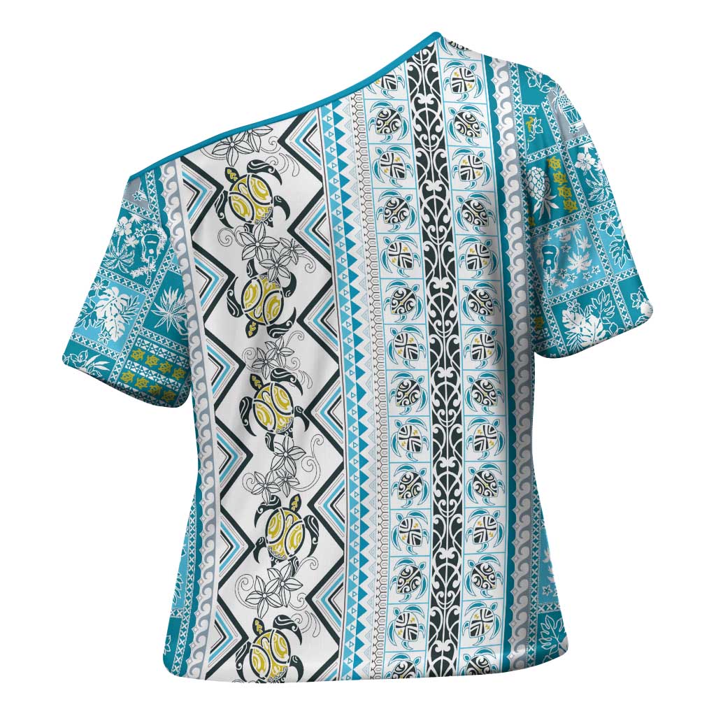Hawaii Makahiki Turtle Cross Shoulder Shirt Blue Tapa Pattern - Polynesian Pride