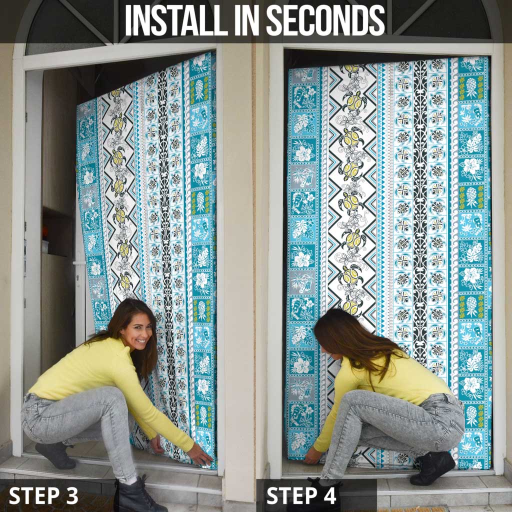 Hawaii Makahiki Turtle Door Cover Blue Tapa Pattern - Polynesian Pride