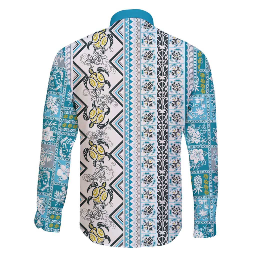 Hawaii Makahiki Turtle Family Matching Long Sleeve Bodycon Dress and Hawaiian Shirt Blue Tapa Pattern - Polynesian Pride