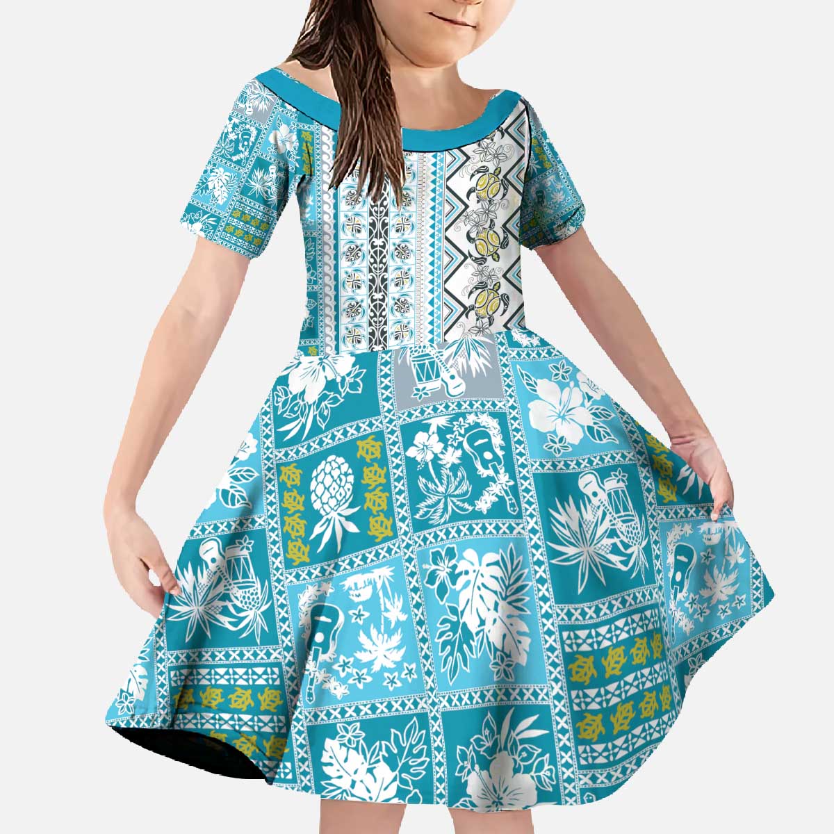 Hawaii Makahiki Turtle Family Matching Off The Shoulder Long Sleeve Dress and Hawaiian Shirt Blue Tapa Pattern - Polynesian Pride