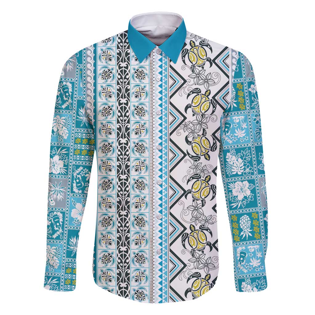 Hawaii Makahiki Turtle Family Matching Off Shoulder Maxi Dress and Hawaiian Shirt Blue Tapa Pattern - Polynesian Pride