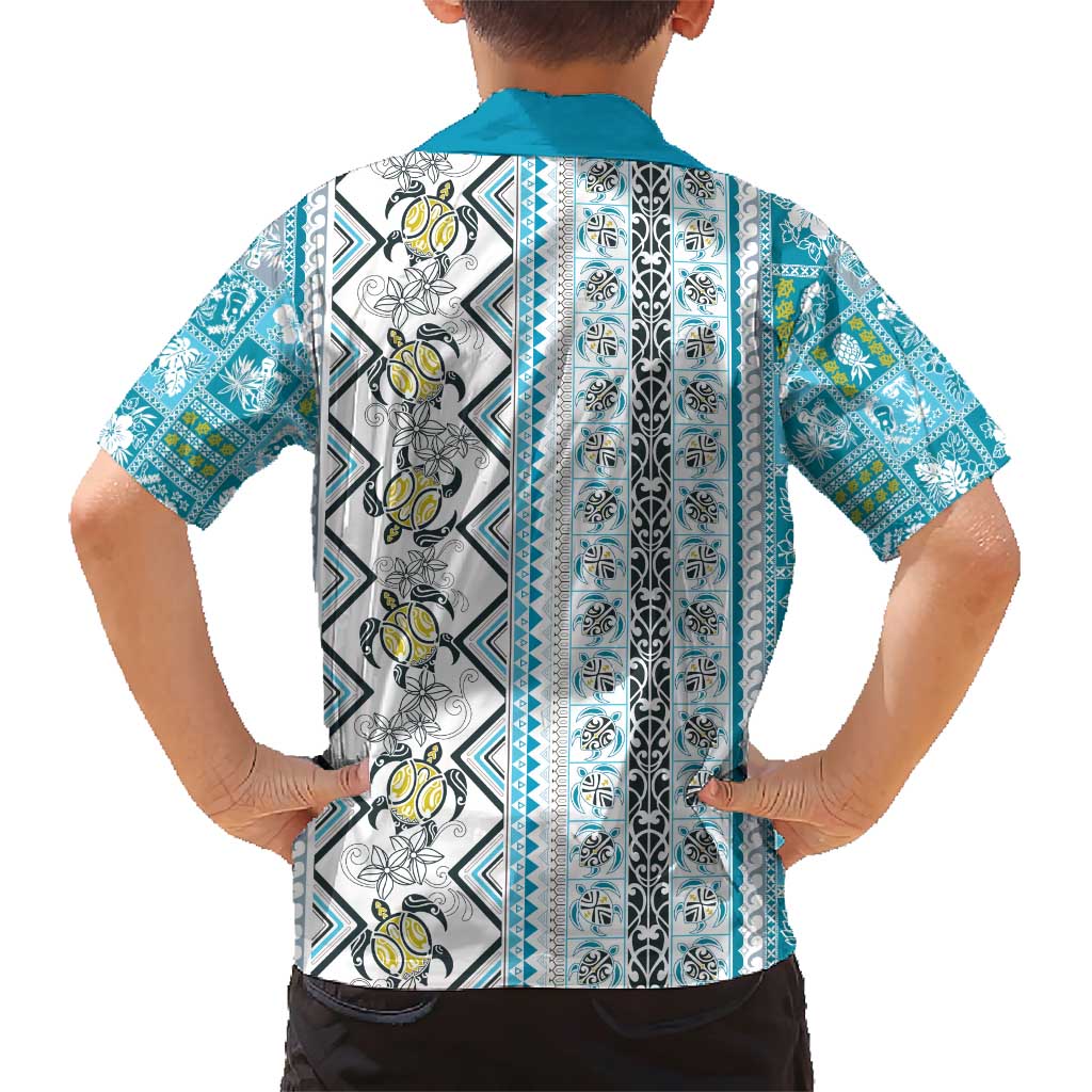 Hawaii Makahiki Turtle Family Matching Short Sleeve Bodycon Dress and Hawaiian Shirt Blue Tapa Pattern - Polynesian Pride
