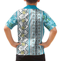 Hawaii Makahiki Turtle Family Matching Short Sleeve Bodycon Dress and Hawaiian Shirt Blue Tapa Pattern - Polynesian Pride