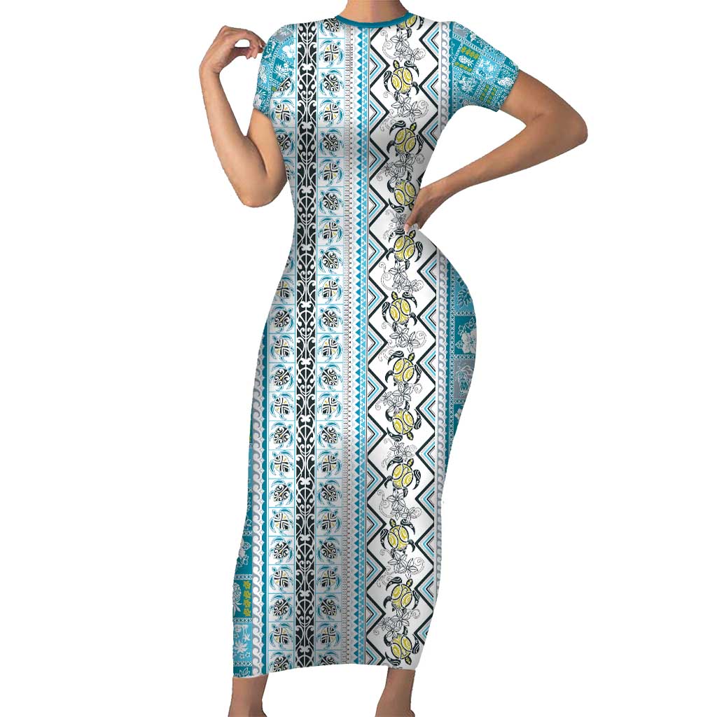 Hawaii Makahiki Turtle Family Matching Short Sleeve Bodycon Dress and Hawaiian Shirt Blue Tapa Pattern - Polynesian Pride