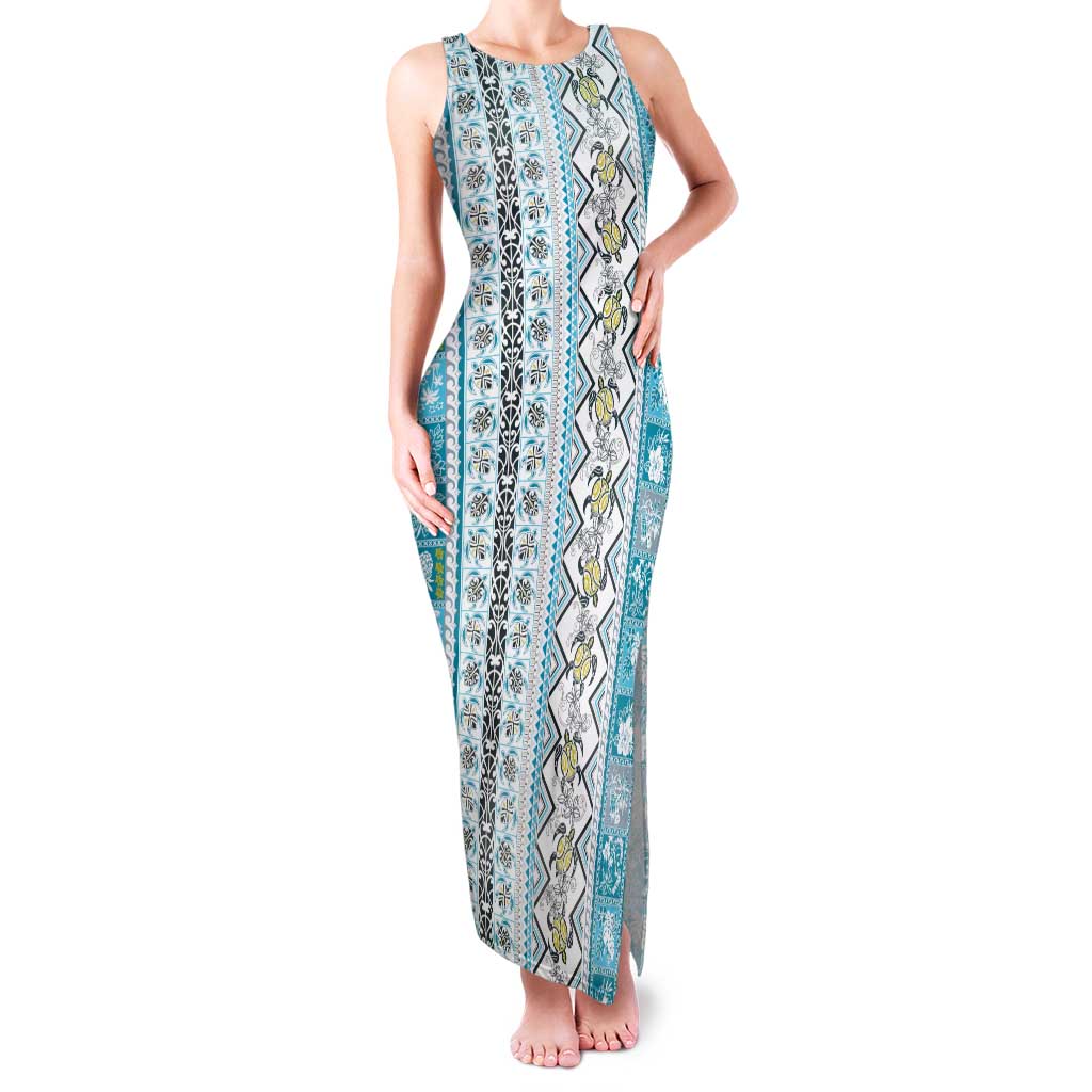 Hawaii Makahiki Turtle Family Matching Tank Maxi Dress and Hawaiian Shirt Blue Tapa Pattern - Polynesian Pride