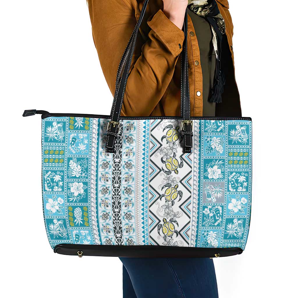 Hawaii Makahiki Turtle Leather Tote Bag Blue Tapa Pattern - Polynesian Pride