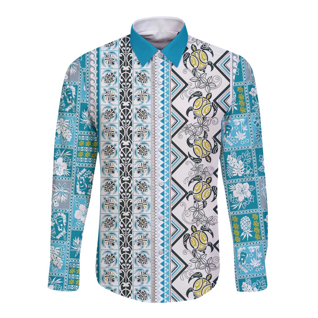 Hawaii Makahiki Turtle Long Sleeve Button Shirt Blue Tapa Pattern - Polynesian Pride