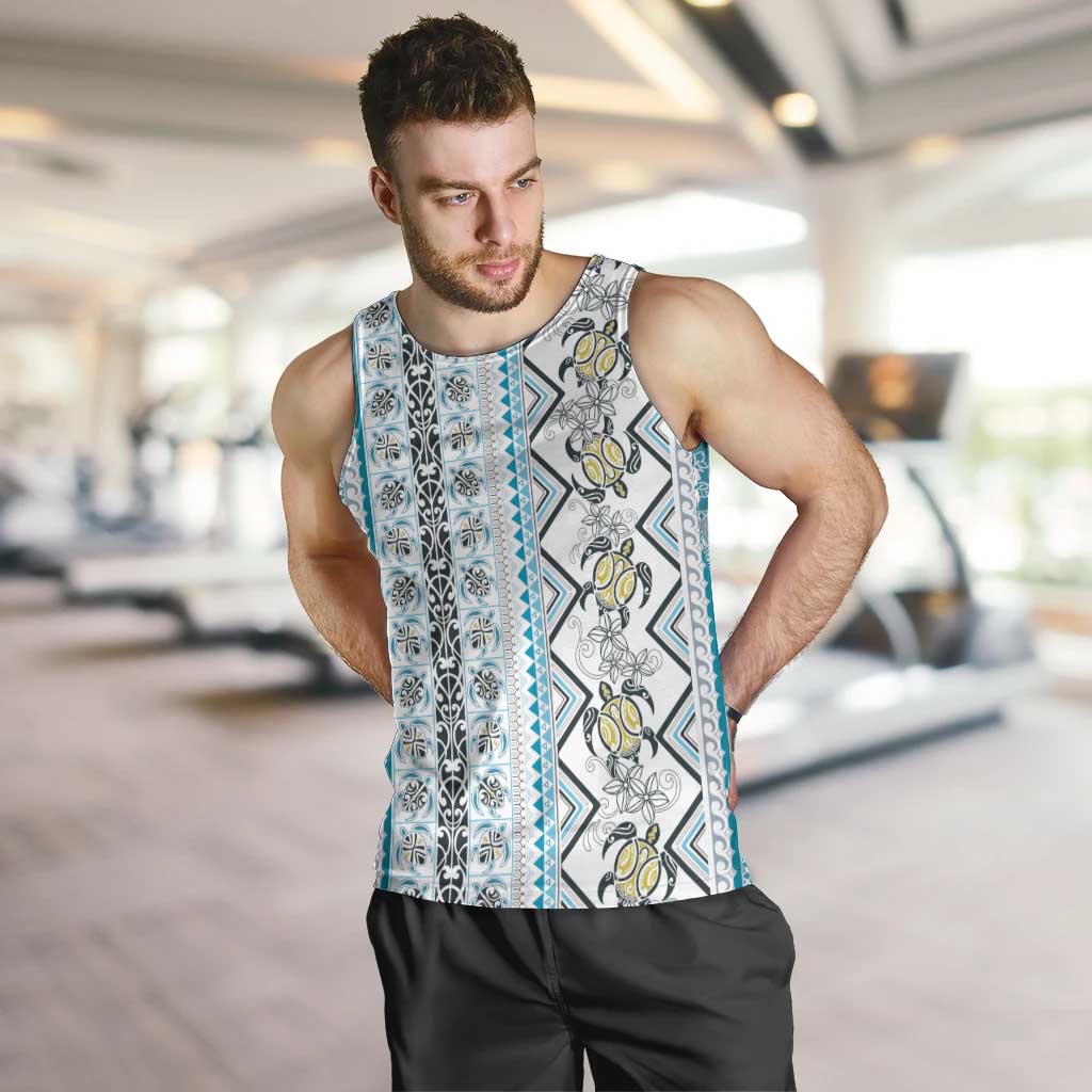 Hawaii Makahiki Turtle Men Tank Top Blue Tapa Pattern - Polynesian Pride