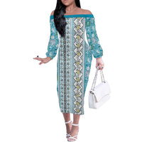 Hawaii Makahiki Turtle Off The Shoulder Long Sleeve Dress Blue Tapa Pattern - Polynesian Pride